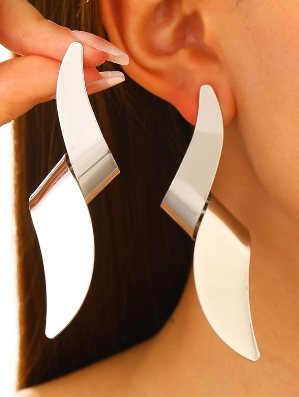 Silver Curved Sculptural Statement Drop Earrings - Women Jewelry